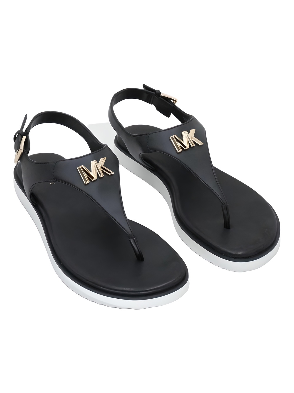 Michael Kors Val Thong Sandals Black Gold MK Logo Size 8M